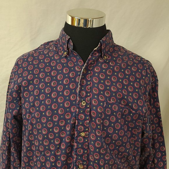 Vtg Catalina Mens Large Blue Red Floral Dots Long Sleeve Button Up Shirt - Picture 2 of 14